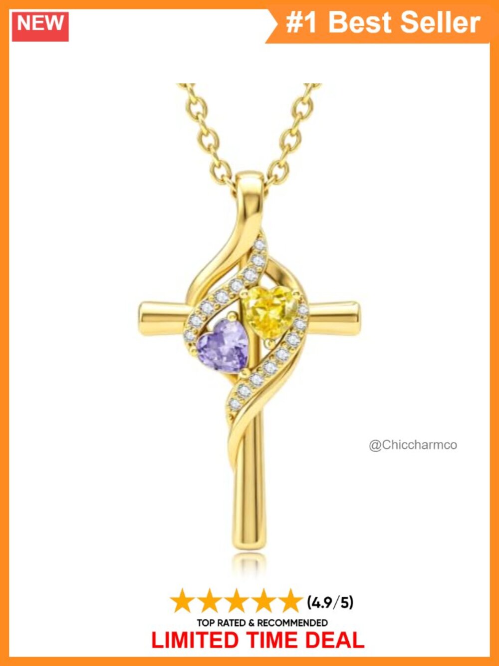 14K Gold Plated Cross Necklace Double Birthstone Pendant Women Gift